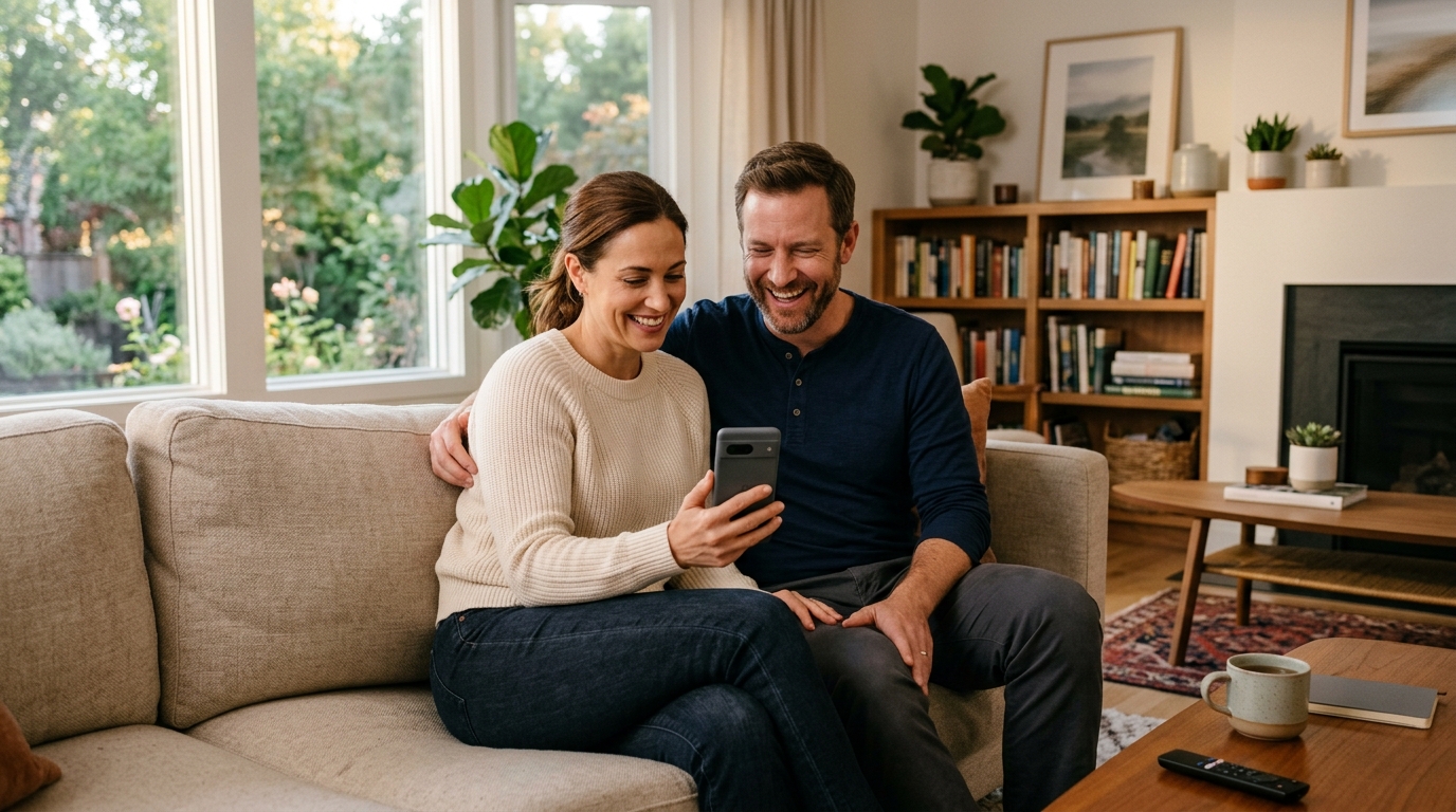 Casal consultando celular em casa